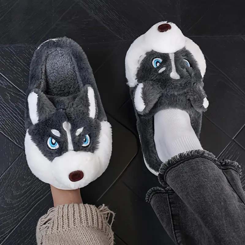 Adorable Husky-Shaped Plush Slippers for Men & Women - Soft, Durable, Warm & Cozy Indoor/Outdoor Wear, Brown & White Cartoon Design, Slip-On Style, Perfect for Fall/Winter Season, Cozy Home Shoes |   Trendy Slippers |   Durable Slippers, Cute Slippers
