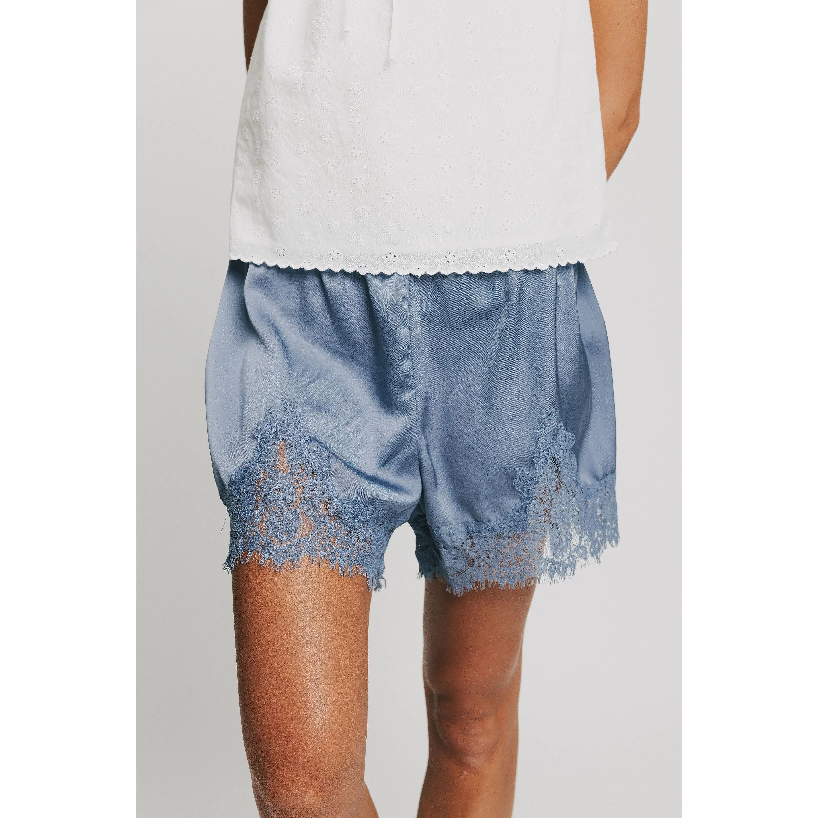 Women's Elegant Dreamy Details Shorts - Smooth Satin, Lace Accents, Everyday Wear, 2 Colors, Mid Rise
