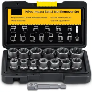 Bolt Extractor Kit, 14 count  Bolt & Nut Remover Set with 3/8 Inch Adapter, Upgrade Stripped Bolt Extractor Socket Set with Portable Tool Box, Easy Out for Rusted, Damaged, Round Bolt Nuts Screws