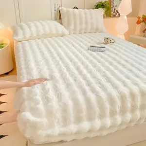 480g Bed Skirt 3 Piece Set, Fall Winter Warm Rabbit Fur Mimic Mattress Cover, Deep Pocket Design, Soft Comfortable, Anti-Slip, Perfect Gift