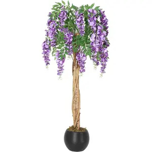 Artificial Purple Blossom Tree Double Trunk - Lifelike Silk Flowering Tree with Mossy Boughs, Faux Plant for Home Decor Indoor Outdoor, Housewarming Gift