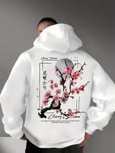 Men's Cherry Blossom Hoodie, Japanese Aesthetic Graphic Pullover, Sporty Fitted Design, Fall & Winter Essentials