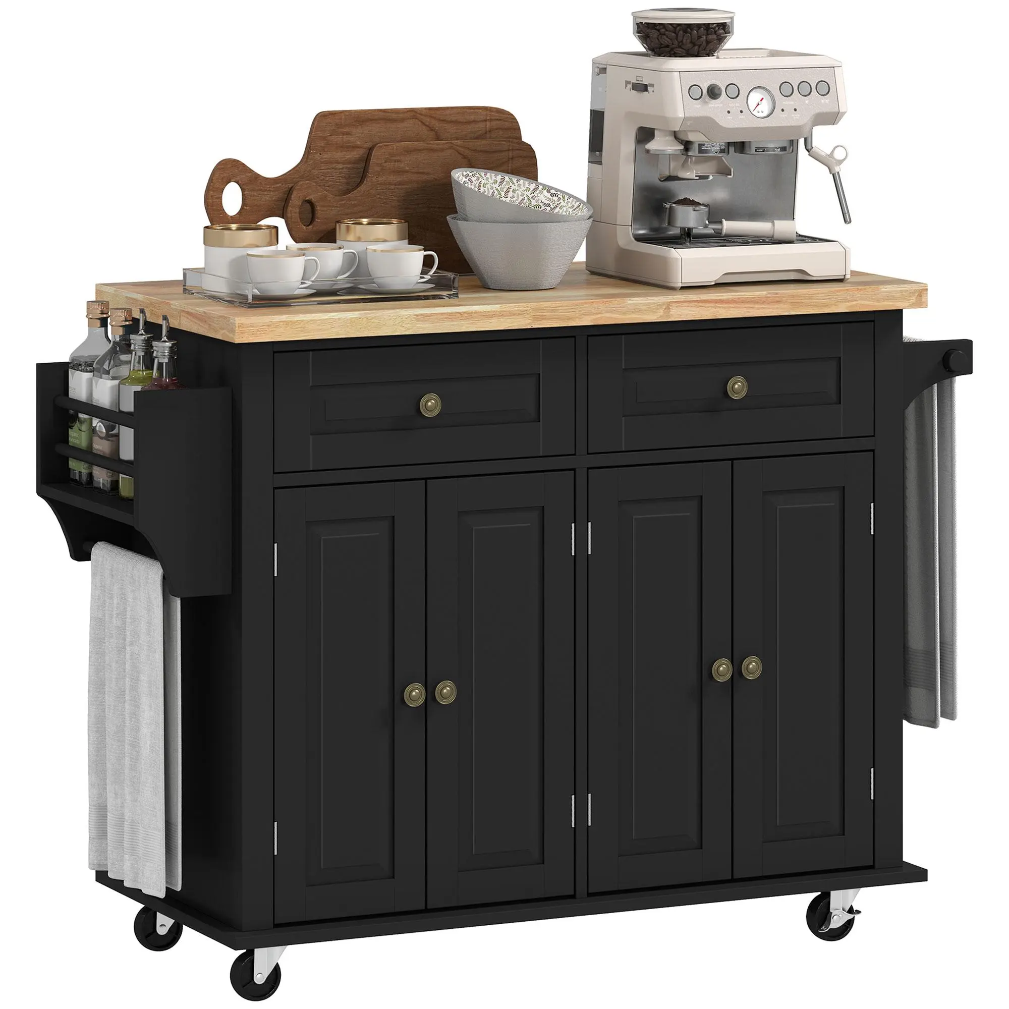 Rubberwood Modern Kitchen Island - 44" Wide Portable Single Unit Modern Kitchen Cabinets with 2 Drawers, 2 Cabinets, 3-Level Adjustable Shelves, Lockable Swivel Casters, 100 Lbs Capacity, Easy Assembly Microwave Stand/Prep Surface