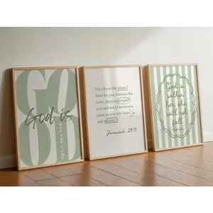 Set of 3 Sage Green Girly Christian Wall Art God is Good All The Time Print Christian Posters For Teens God Is Within Her She will Not Fall