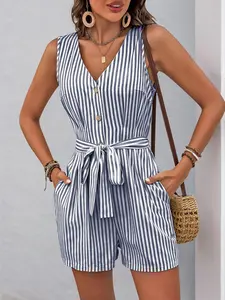Women's Striped Print Button Romper, Elegant Sleeveless Romper for Summer, Ladies Clothes for Daily Wear