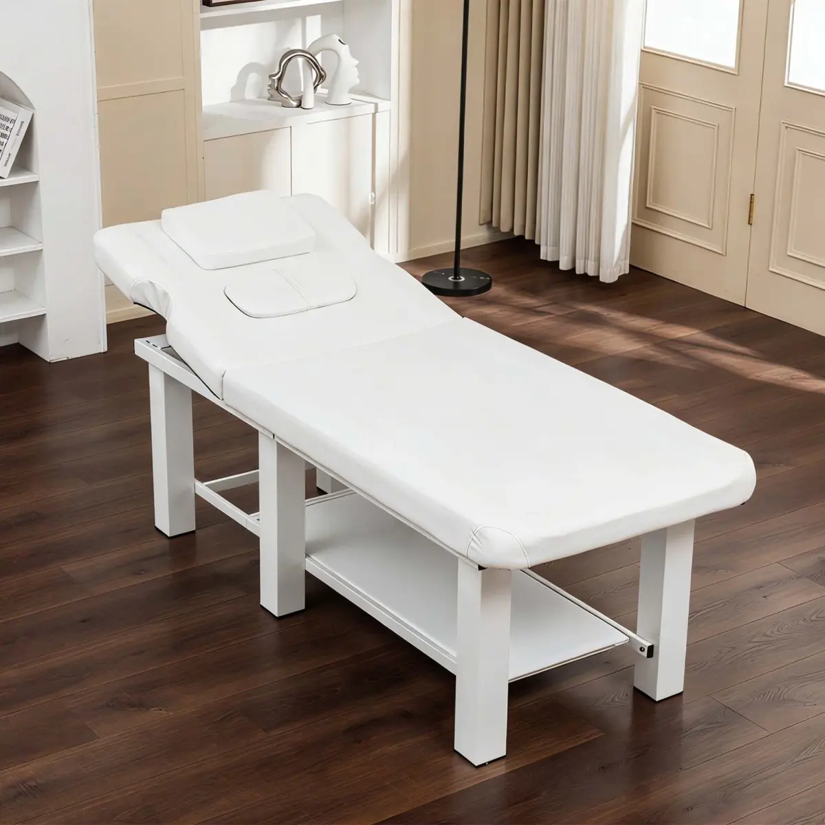 Commercial Salon Massage Table - Adjustable 0-15° Reclining, High-Resiliency Waterproof PU Leather Cushion, Detachable Headrest, Bottom Storage, Heavy-Duty Steel Frame, 330 lbs Capacity, White, for Female Clients, Promotes Smoother Breathing, Tattoo, Medi