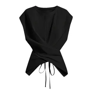 Women's Sleeveless Twist Front Top Sexy Round Neck Knot Waist Blouse Fashion Summer Casual Shirt with Drawstring Women's Knitted Round Neck Dropped Shoulder Sleeve T-shirt Basic Fit Womenswear Adjustable Denim Elegant White Minimalist