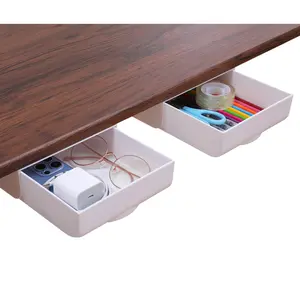 2 Pack Under Desk Drawer Self-Adhesive Hidden Desktop Organizer, Attachable Desk Drawer Slide Out, Table Storage Tray for Pencil Pen Stationery Home Office Organization, Large White Box Boxes