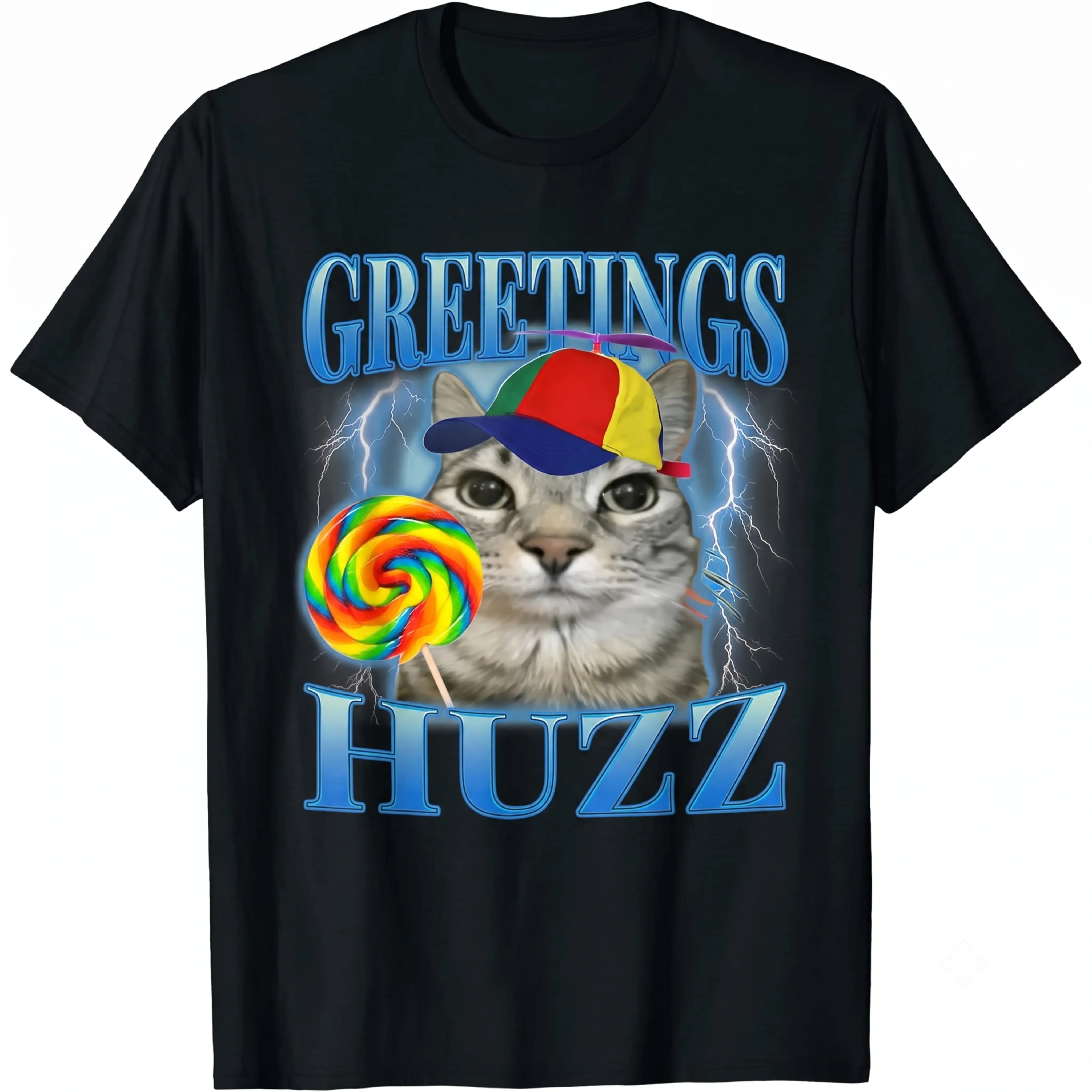 Unisex Greetings Huzz Cat T-Shirt | Funny Propeller Hat and Rainbow Lollipop Graphic Tee | Absurd Y2K Lightning Cat Meme Clothes for Men Women