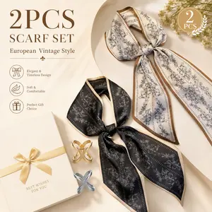 2PCS Long Satin Head Scarf for Women – Silky Thin Scarf, Use as Hair Wrap, Neck Scarf, Purse Bag Accessory – Fashionable & Versatile – Great for Updo, Handbag Charm, Gift Box