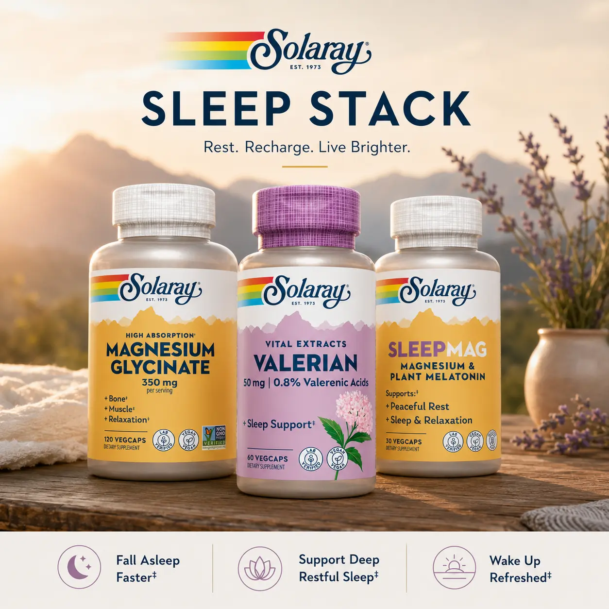Solaray Sleep Stack – Magnesium Glycinate 350mg + Valerian Root 50mg + SleepMag – Daily Sleep Support Routine for Adults
