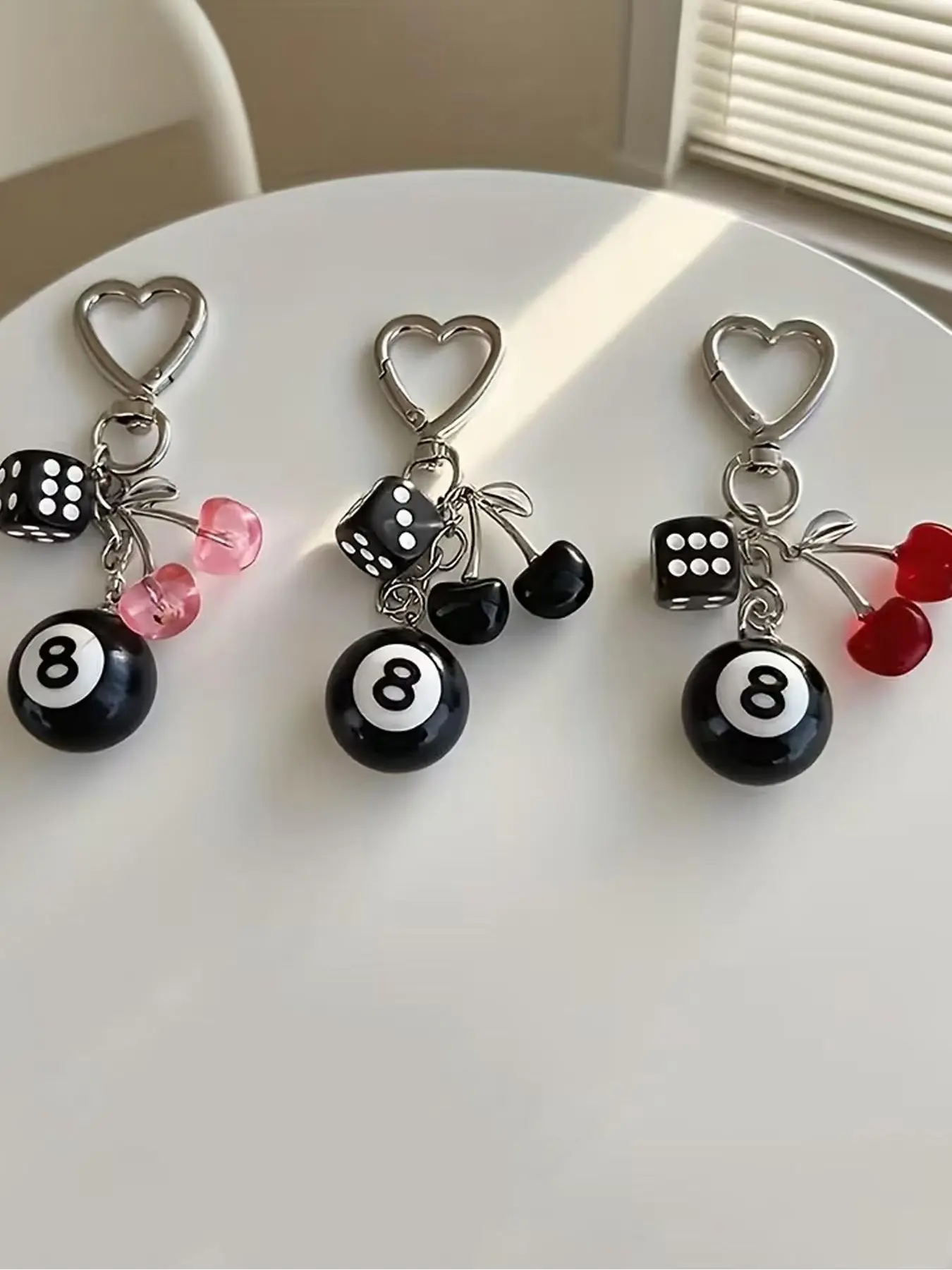 Polyhedral DND & Y2K 8 Ball Billiard Dice Bag Charm Keychain, Cherry Resin Dice Pendant with Heart Shape Metal Carabiner, Retro Tabletop RPG Game Accessory for Backpack Purse Car Keys, Trendy Gift for Gamers Teen Girls Women
