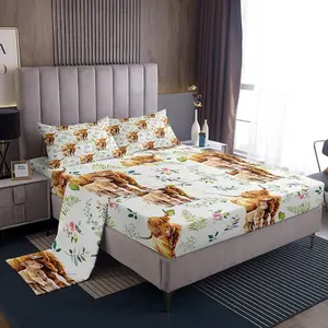 Rustic Cow Sheet Set,Retro Cowhide Bed Sheets for Kids Boys Girls,Highland Cow Mother Kid Bedding Set,Farmhouse Rose Flower Leaf Fitted Sheet + Top Sheet