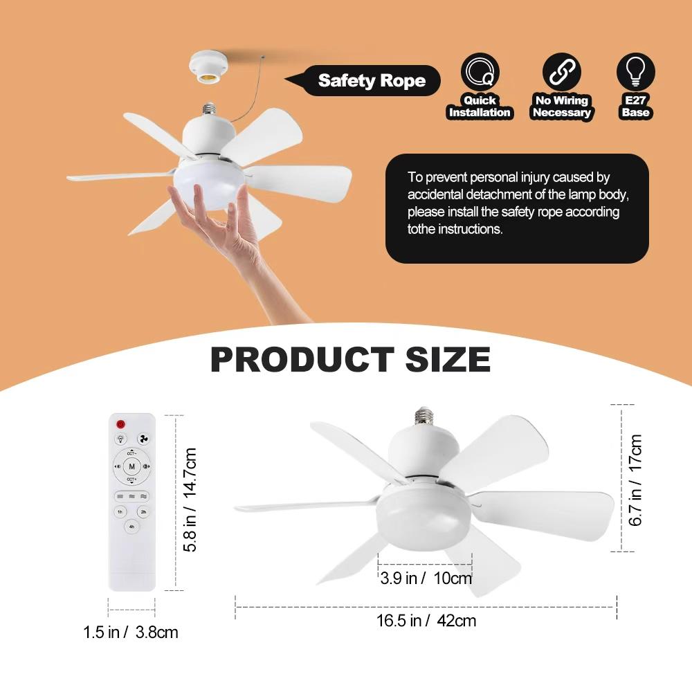3-in-1 Socket Fan Light with Remote - Easy Install Ceiling Fan with Dimmable LED for Bedroom, Kitchen & Garage | No Wiring Needed