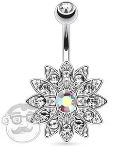 14G Flower with Rainbow Aurora CZ Gem Belly Button Ring