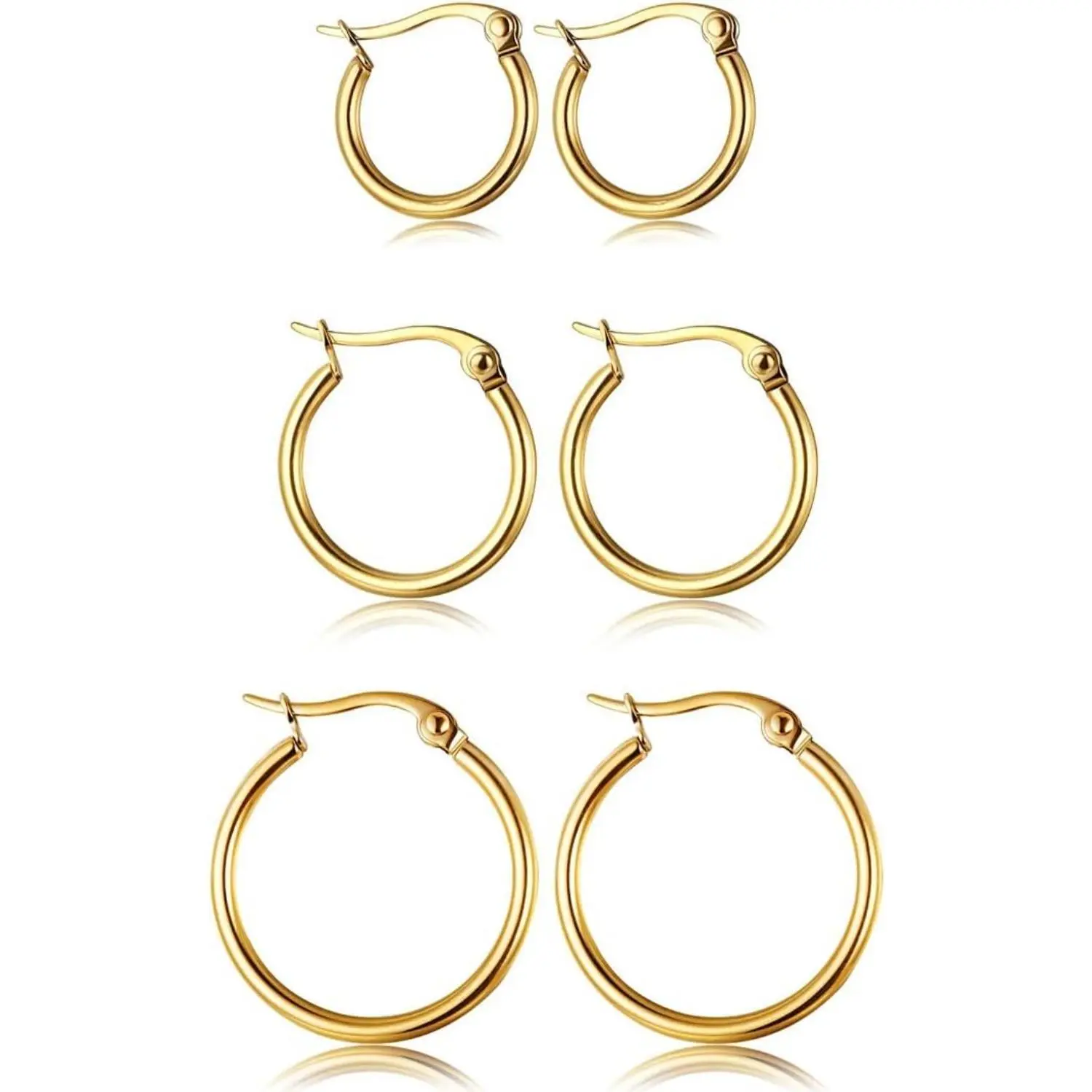 CASSIECA 3-Pair Stainless Steel Hoop Earrings Set - Fashion Jewelry Accessories, 10-20MM Lightweight Click-Top Piercing Hoop Jewelry, Unisex Daily Wear Earring Stack