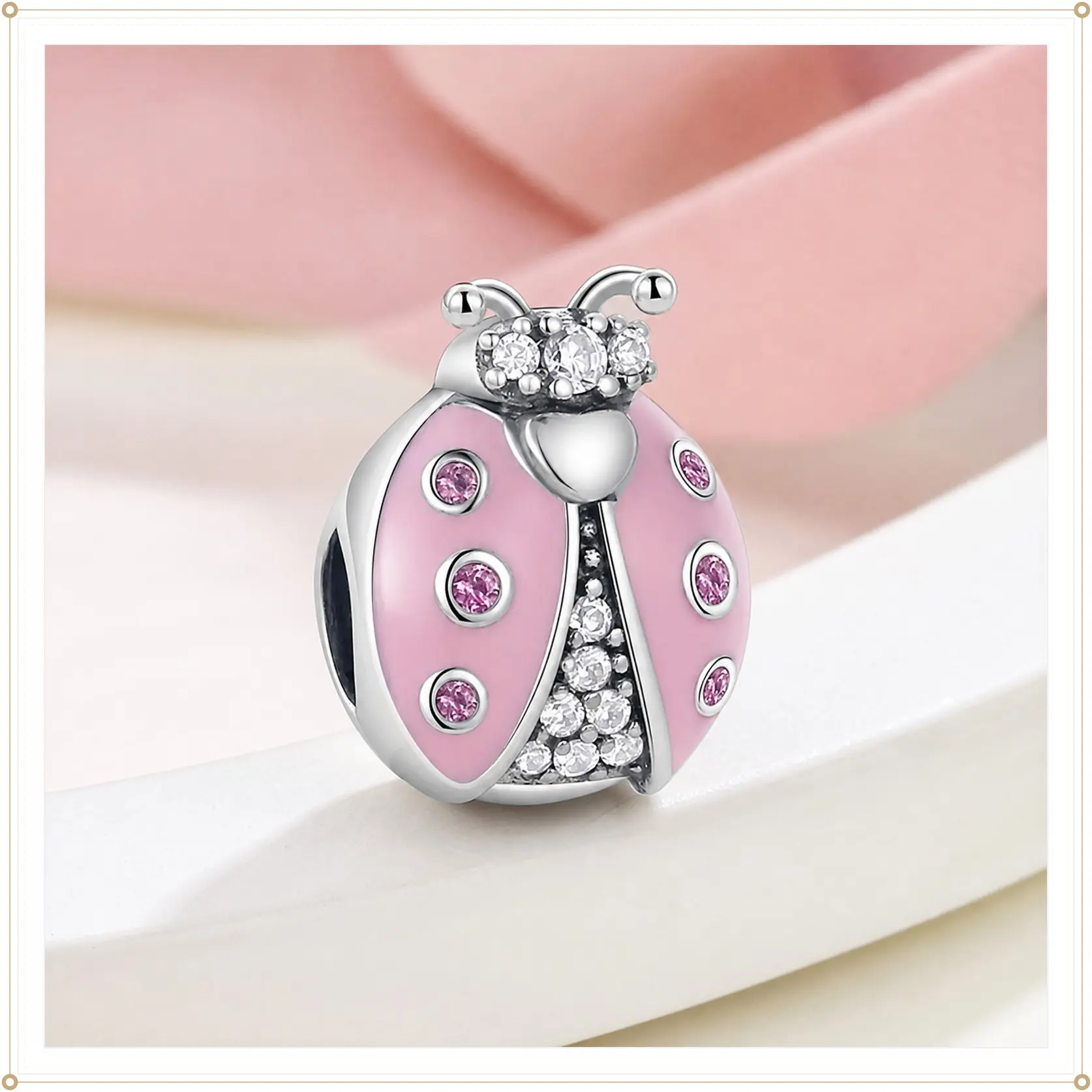 MULA Pink Ladybug Lucky Beads Animal Pendant - Silver-Plated, Zircon-Embellished Daily Wear Costume Jewelry, Compatible with All Branded Bracelets & Necklaces, Teen Girl Gifts