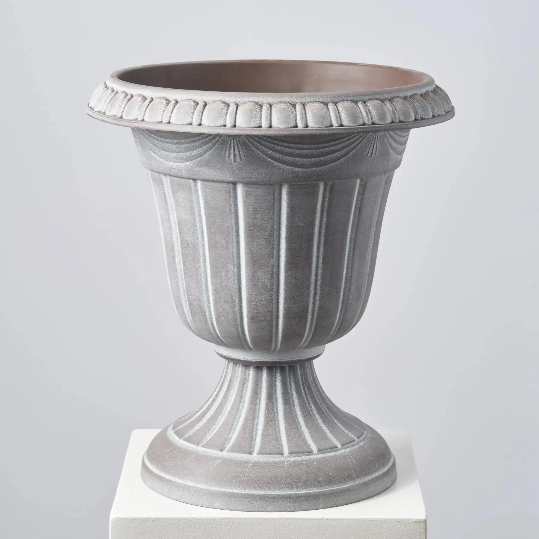 Large Faux Stone Pedestal Outdoor Urn Filler Pot, 16"l x 16"w x 18"h, Durable Garden Pot for Garden Beds, Creating Focal Points, Botanicals Not Included, Artificial Rock Urns, Flower Pots & Planters