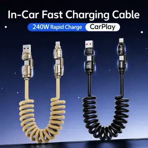 4-in-1 Coiled Car Charging Cable for iPhone & Android Fast Charging 2m Retractable Anti-Tangle Spring Data Cable for Vehicles Taxis Rideshare Road Trips