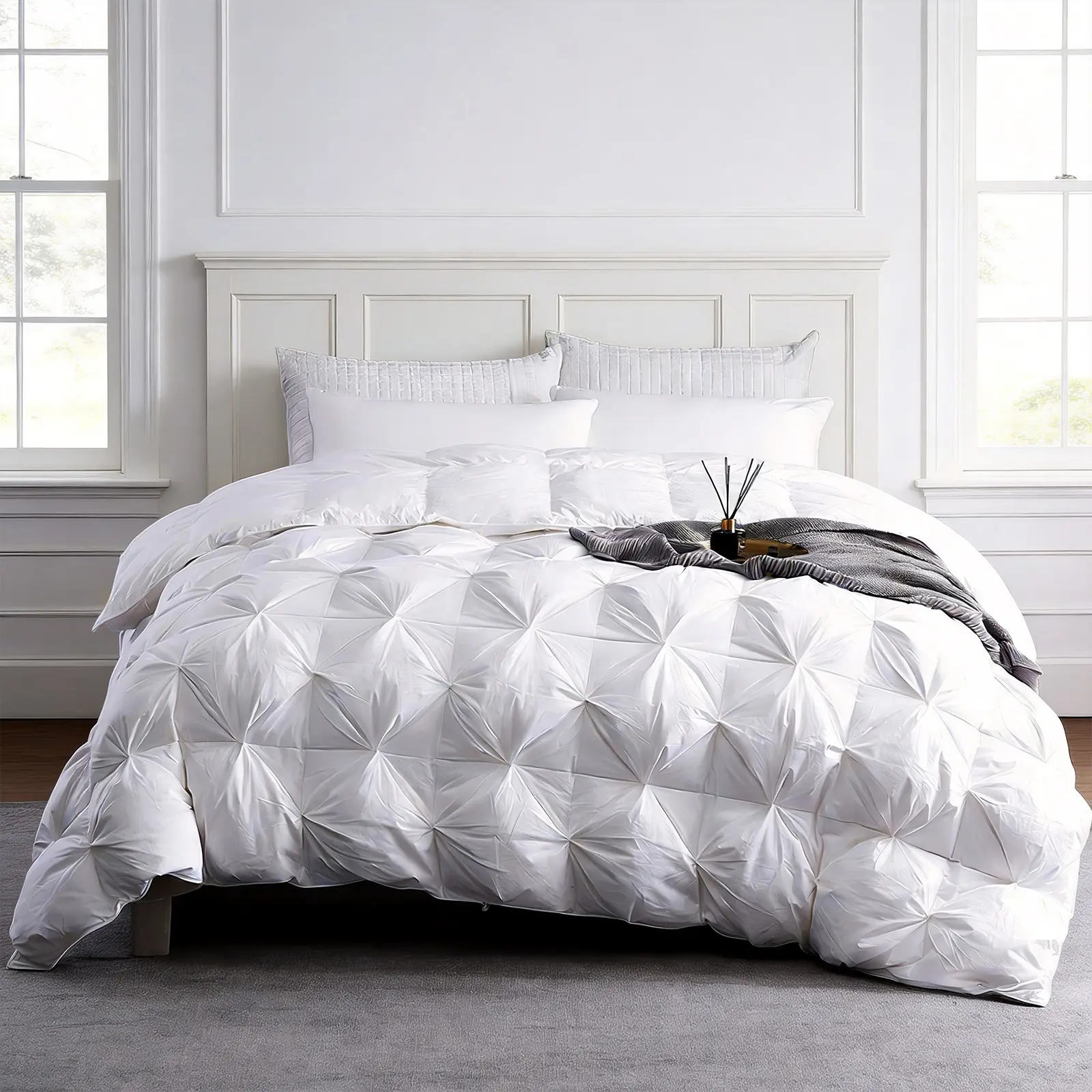 InnerNight Sleep Pleated design Duvet, Duck Down Fill, Leak-Resistant Shell, All-Season Comforter, Twin Size 68x90", White &Gray