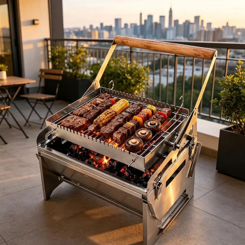 Portable Metal Alloy Steel Barbecue Grill Smoker Combo Set - Outdoor Barbeque BBQ Set, 360° Rotatable Flip Grilling Basket, Compact & Versatile Design, Pack-and-Go Size, Detachable Smoker Rack, All-Season Accessories for Backyard Camping
