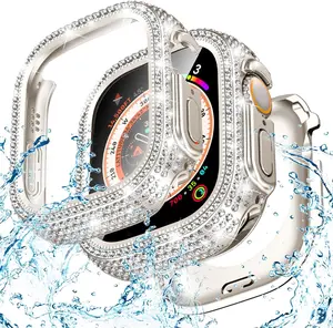 2 in 1 Waterproof Bling Case for Apple Watch Ultra Screen Protector 49mm, Full Glitter Diamond Rhinestone Bumper Face Cover for iWatch Ultra Ultra2 Accessories 49 mm Starlight