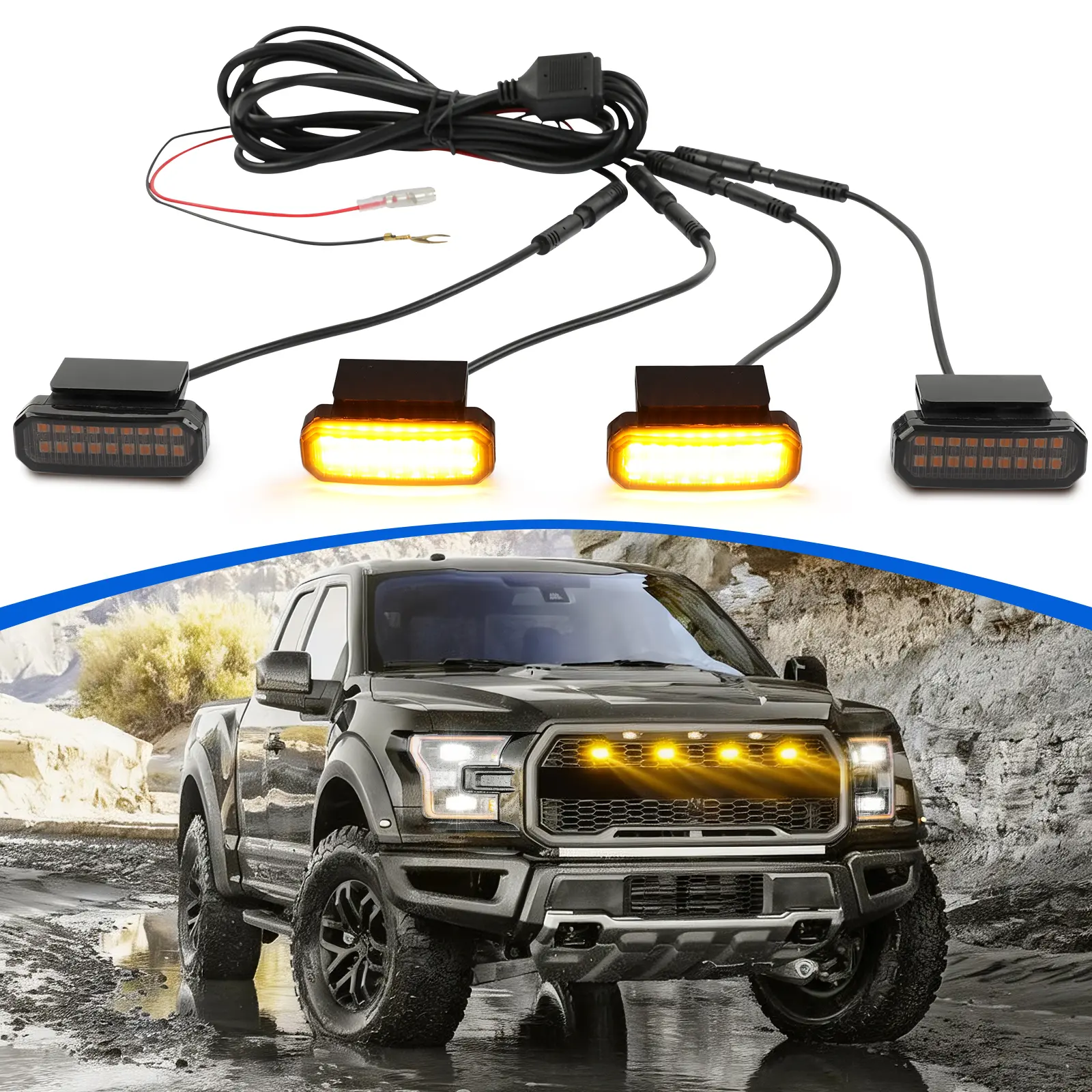4PCS Universal Front Grille Light White Yellow Grill Lights Clip on Led Light with Wiring Harness And Fuse Grill Lights for Trucks Compatible with Ford Dodge Ram Toyota Tundra Tacoma