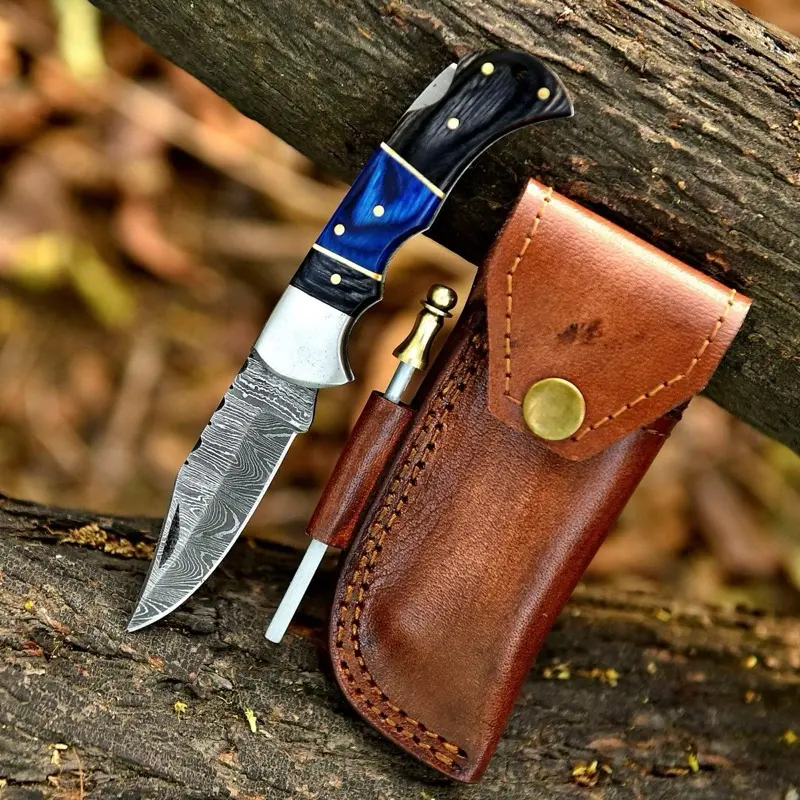 Handforged Damascus Folding Knife, Outdoor Tool for Camping, Hiking & Bushcrafting Activities
