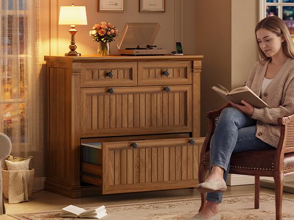 SEDETA 4 Drawers File Cabinet, 33" Farmhouse Filing Cabinets for Home Office fit Legal/Letter/A4 File, Wood Office File Cabinet with Power Outlets, Printer Stand with Storage