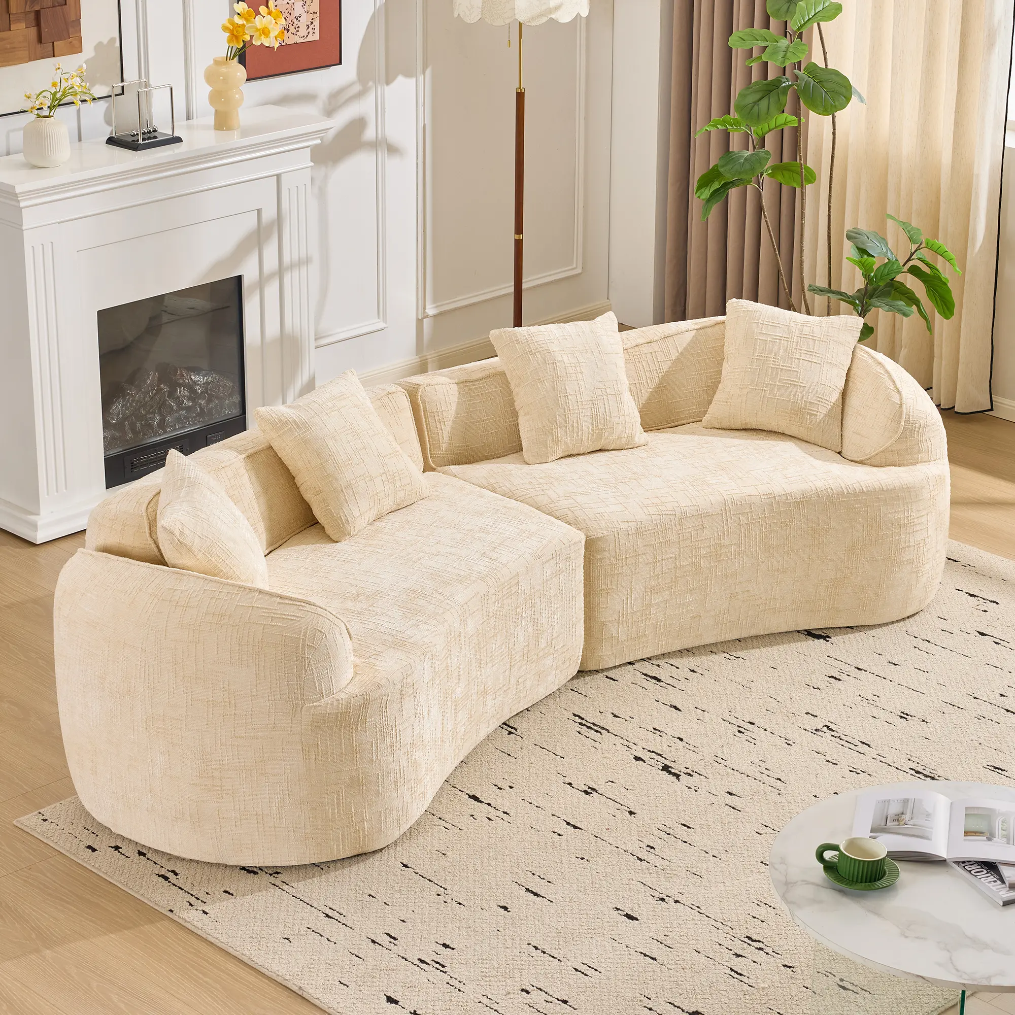 Curved Compressed Sofa, Creative Nordic Style, Soft Corduroy Fabric, Comfortable for Living Room, Bedroom, Apartment & Lounge