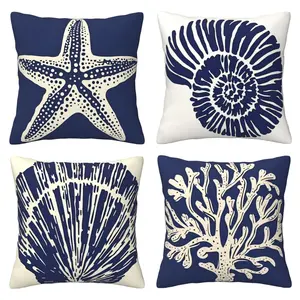 Deep blue decorative pillow cover with coastal conch sea star coral pattern, suitable for porch, terrace, outdoor, sailing ocean spring and summer sofa cushion cover, home decoration, 4-piece set with double-sided printing