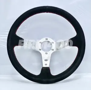 350mm Black Suede Deep Dish Style Silver Aluminum Center Steering Wheel with Red Stitching