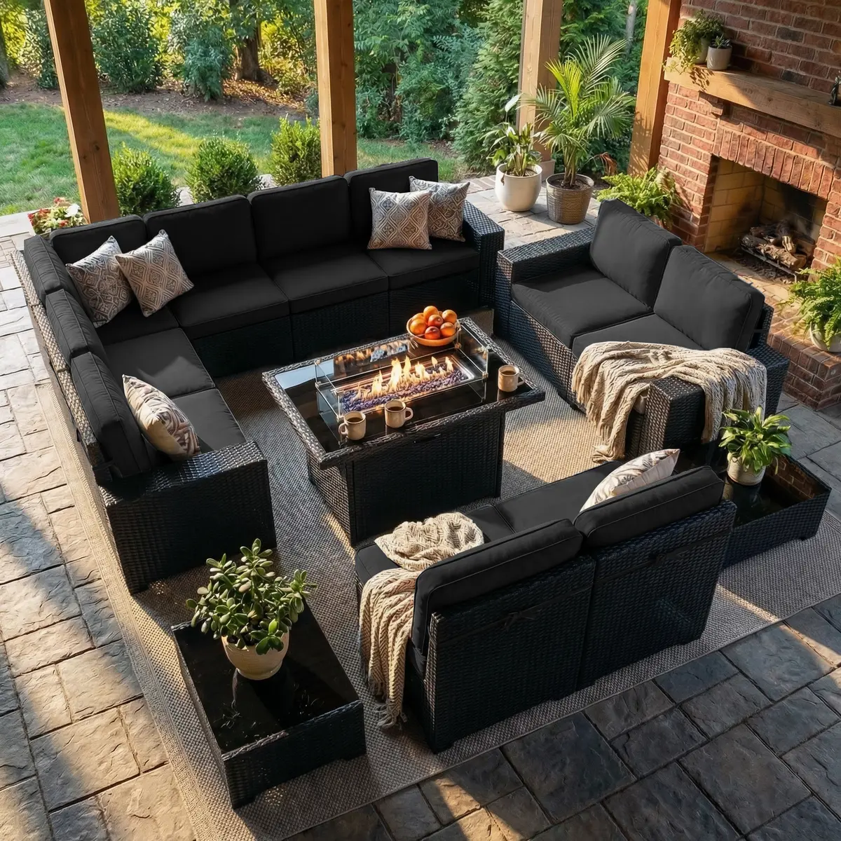 【7 Packages Shipping】LayinSun 13 Pieces Outdoor Patio Furniture Set with 44" Fire Pit Table Brown Rattan Sectional Sofa Conversation Sets summervibes
