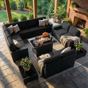 【7 Packages Shipping】LayinSun 13 Pieces Outdoor Patio Furniture Set with 44" Fire Pit Table Brown Rattan Sectional Sofa Conversation Sets summervibes