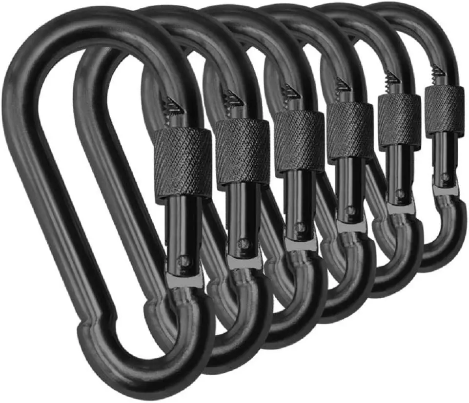 Black &  Heavy Duty Bushcraft Locking Thumb Screw Closure Zinc-Galvanized Steel Carabiner Spring Snap Clip Link Hooks 200-400lb Load. 6 & 12 Packs