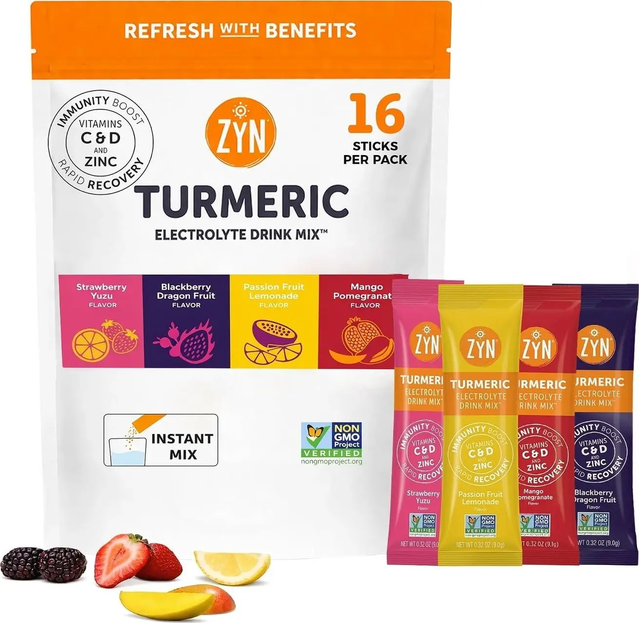 ZYN Electrolyte Drink Mix Hydration Packets, Electrolytes Powder, Hydration Packets w/Turmeric Curcumin, Vitamin C and D, Zinc, Hydrate Electrolyte Powder Packets for Wellness, Variety Pack of 16