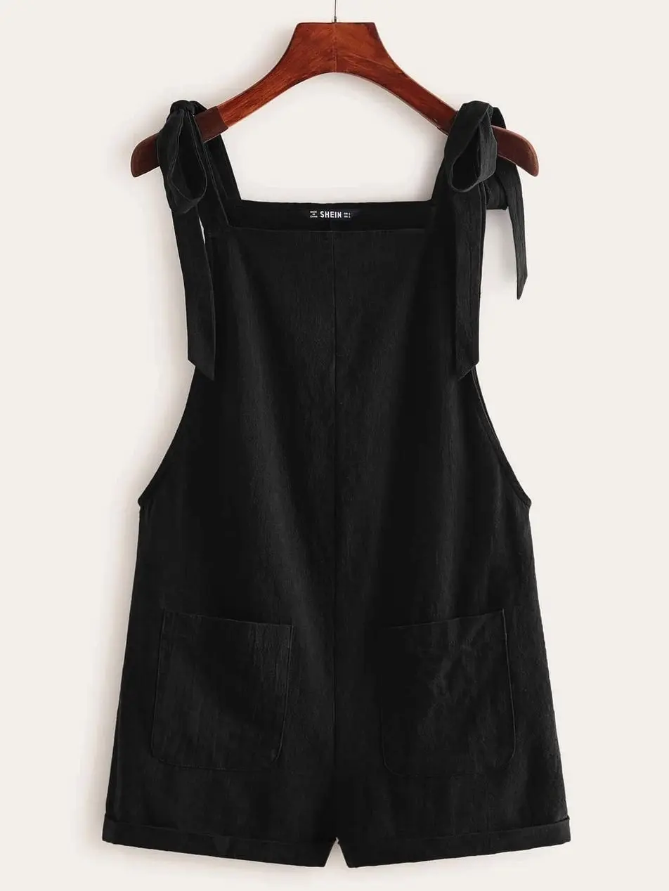 Loose St. Patrick’s Day Pinafore Romper, Casual Knot Strap Jumpsuit with Pockets, Summer Sleeveless Short Overall