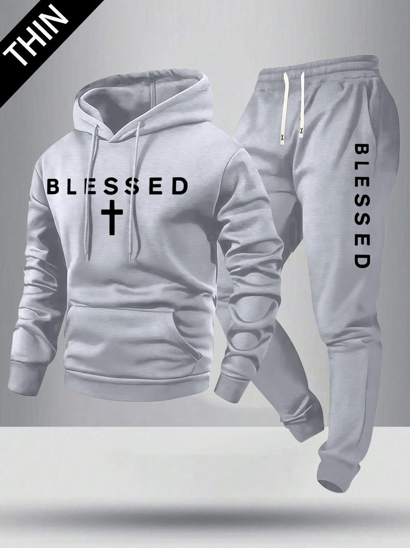 Men's Spring/Autumn Lightweight Hoodie & Jogger Set with Blessing Letter Cross Print Pattern, Stylish Casual Men's Pocket Streetwear Sweatpants with Elastic Waist & Drawstring, Perfect Gift for Him
