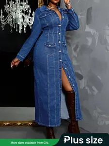 【Plus Size】 Button Fly Denim Dress, Everyday Casual Long Sleeve Collared Dress for Summer, Women's Elegant Plus Size Clothing for Daily Wear, Womenswear, Fit