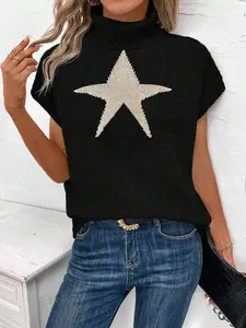 Women's Round Neck Star Pattern Loose Fit Casual Sweater Vest, Versatile All-Season Everyday Wear, Fashionable and Comfortable