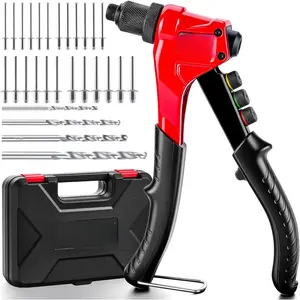 Rivet Gun Kit, Adjustable Stroke Design Manual Pop Rivet Tool with 200 Rivets and 4 Drill Bits, 4 Tool-Free Rivet Heads, Heavy-Duty Hand Riveter with Sturdy Case for Metal, Plastic, Leather