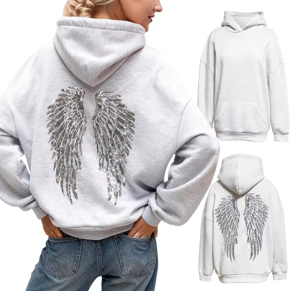 Sleek 2026 Sequin Angel Wings Sports Sweatshirt For Women Y2k Oversize Solid Hooded Gothic Shinny Casual Pullover Hoodies Fit Style, All Seasons, On The Go, Stretchy, Outdoor, Classy, All Seasons, Chic, Every Season
