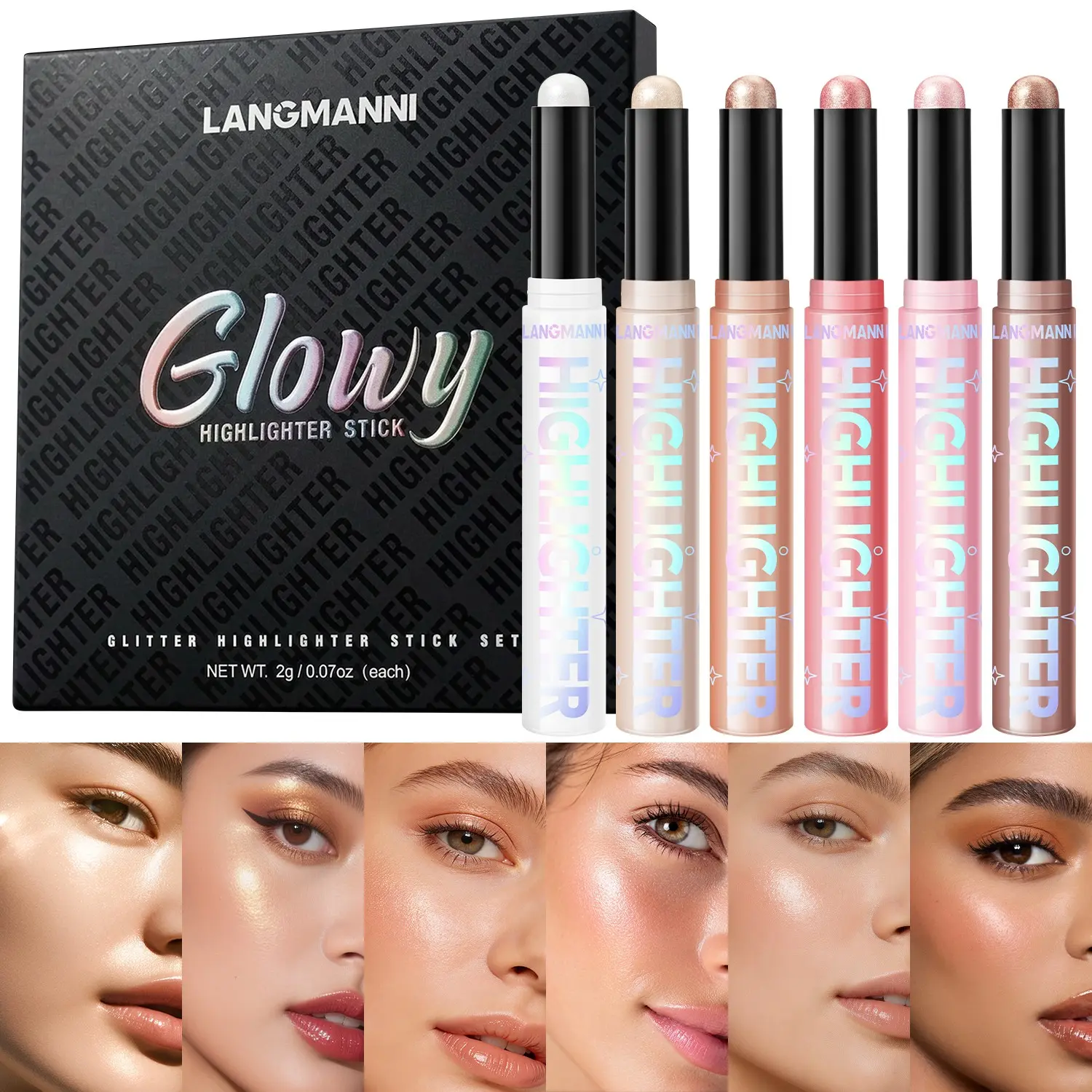 Langmanni Six Color Contour Glitter Highlighting Stick Set, Shiny Gloss Facial Brightening, Makeup Essential for Flawless Look