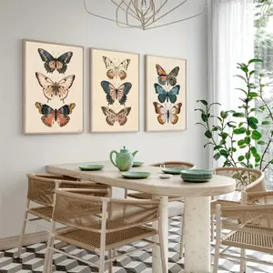 3pcs Vintage Butterfly Poster Print with Wooden Frame, Bohemian Floral Canvas Wall Art, Home Room Decoration, Mdf Material, No Ca Prop 65 Warning