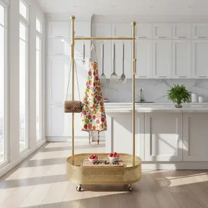 Sturdy coat rack, equipped with storage shelves and wheels, designed specifically for hanging coats and clothing, made of metal