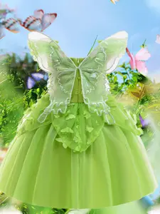 Girl's Butterfly Wing Design Appliques Tiered Layer Hem Mesh Formal Dress, Cute Elegant Square Neck Butterfly Sleeve A Line Dress for Party Photography, Kids Clothes for All Seasons