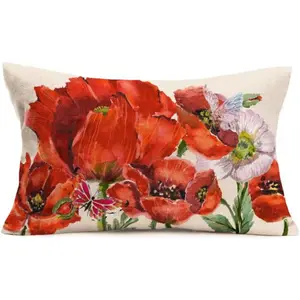 Oil Painting Red Poppy Flowers Throw Pillow Covers 12x20 Inch Butterfly Floral Home Lumbar Pillow Cases Decorative Waist Rectangle Cushion Cover for Sofa (12X20 Inch, Poppy)