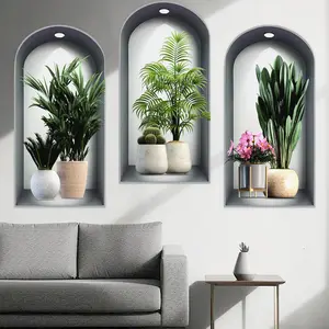 3-piece set, Nordic green plant themed simulated arched window flower basin wall sticker, self-adhesive removable decorative sticker, Wall Art Stickers, suitable for wall decoration in living rooms, dining rooms, and study rooms
