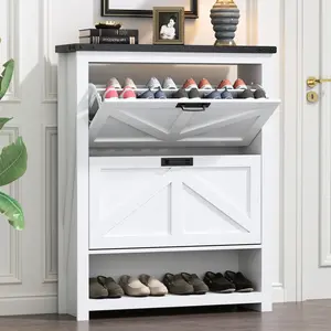 Farmhouse Shoe Cabinet,Free Standing Tipping Bucket Shoe Rack Organizer with 2 Flip Drawers,Entryway Narrow Shoe Storage with Storage Cubby,Modern Slim Hidden Shoe Cabinet with Doors modern shoe