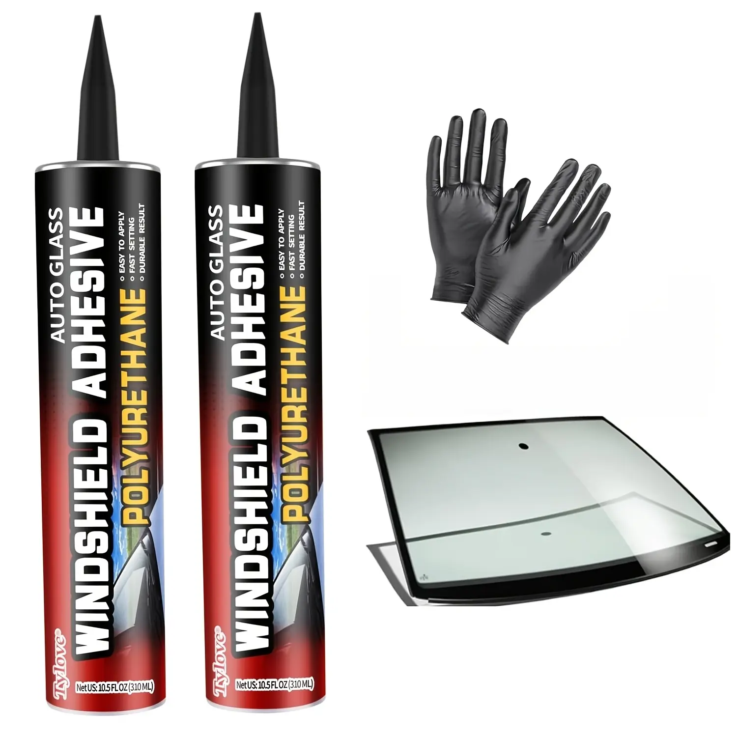 Automotive Windshield Urethane Adhesive Kit - 2-Pack 10.5Oz Black, Quick-Curing, Weather-Resistant, Professional-Strength Auto Glass Glue for Vertical & Overhead Uses, Includes Gloves + Multi-Purpose Car Sealant